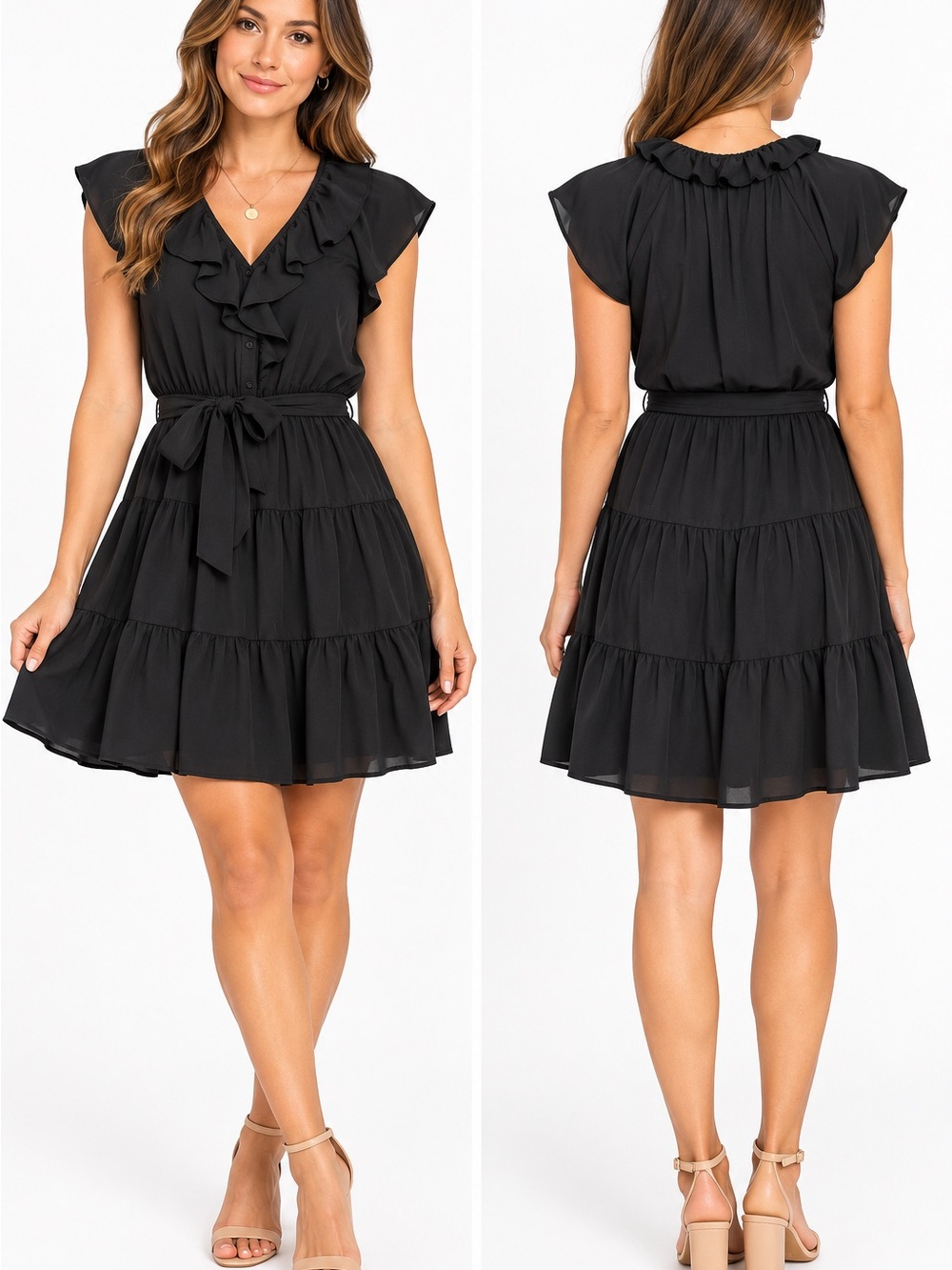 NWT Lauren Ralph Lauren Black Ruffle-Tiered Tie-Waist Dress size 16